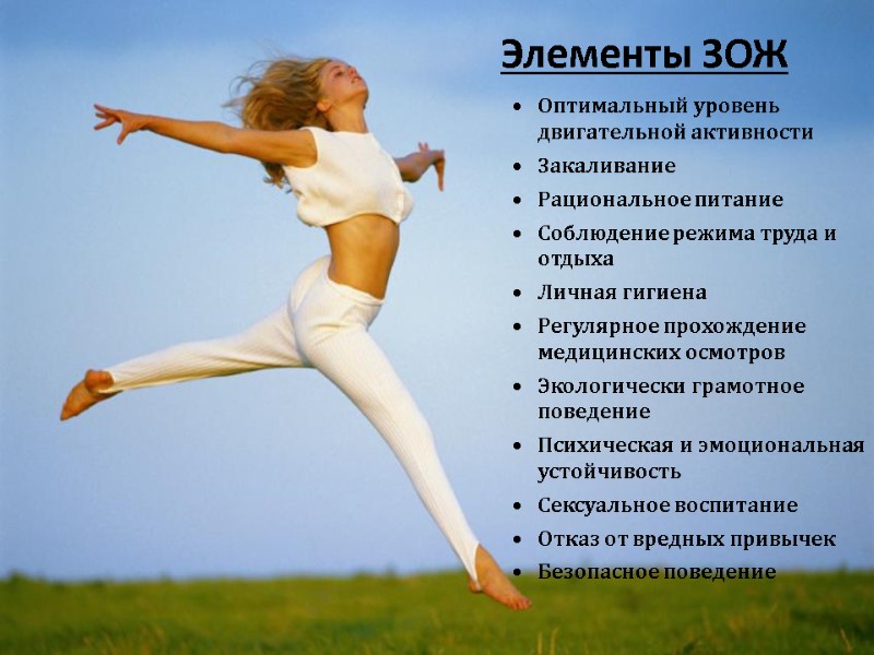 Элементы ЗОЖ Оптимальный уровень двигательной активности Закаливание Рациональное питание Соблюдение режима труда и отдыха